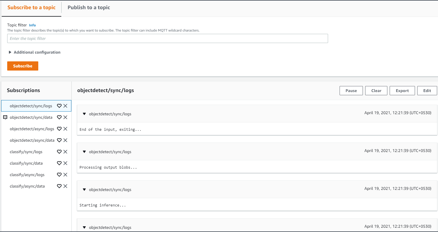 Screenshot of Subscribing to Topic for Logs